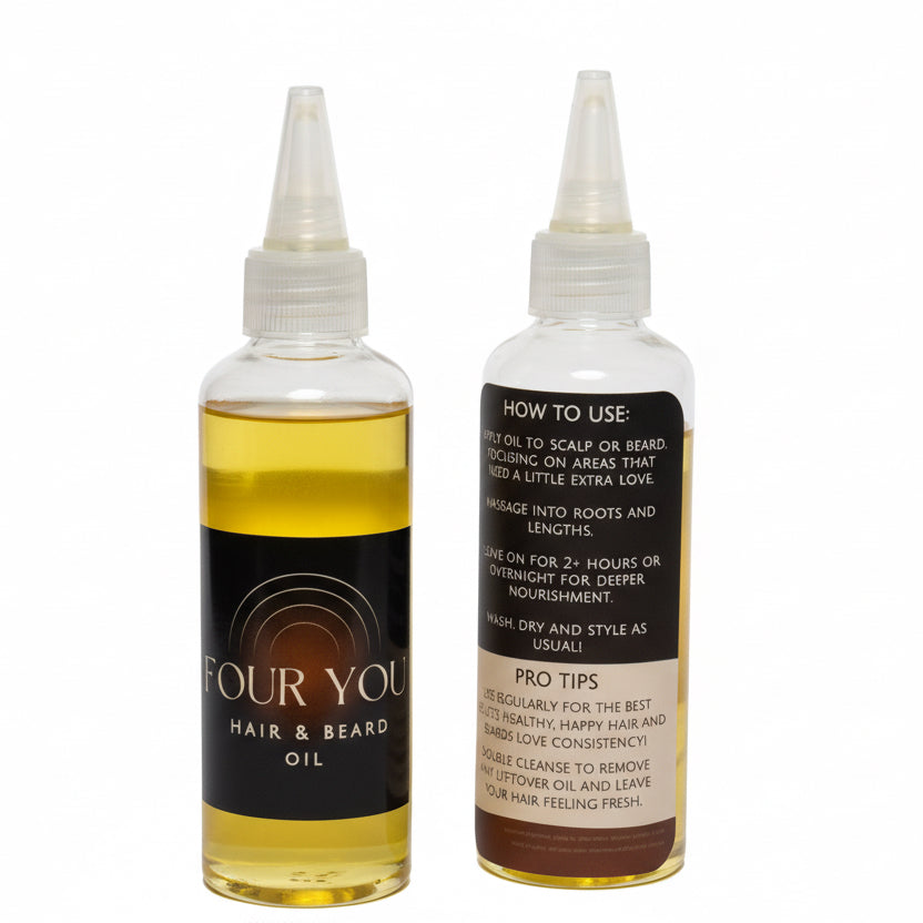 Two bottles of hair and beard oil with labels on a white background