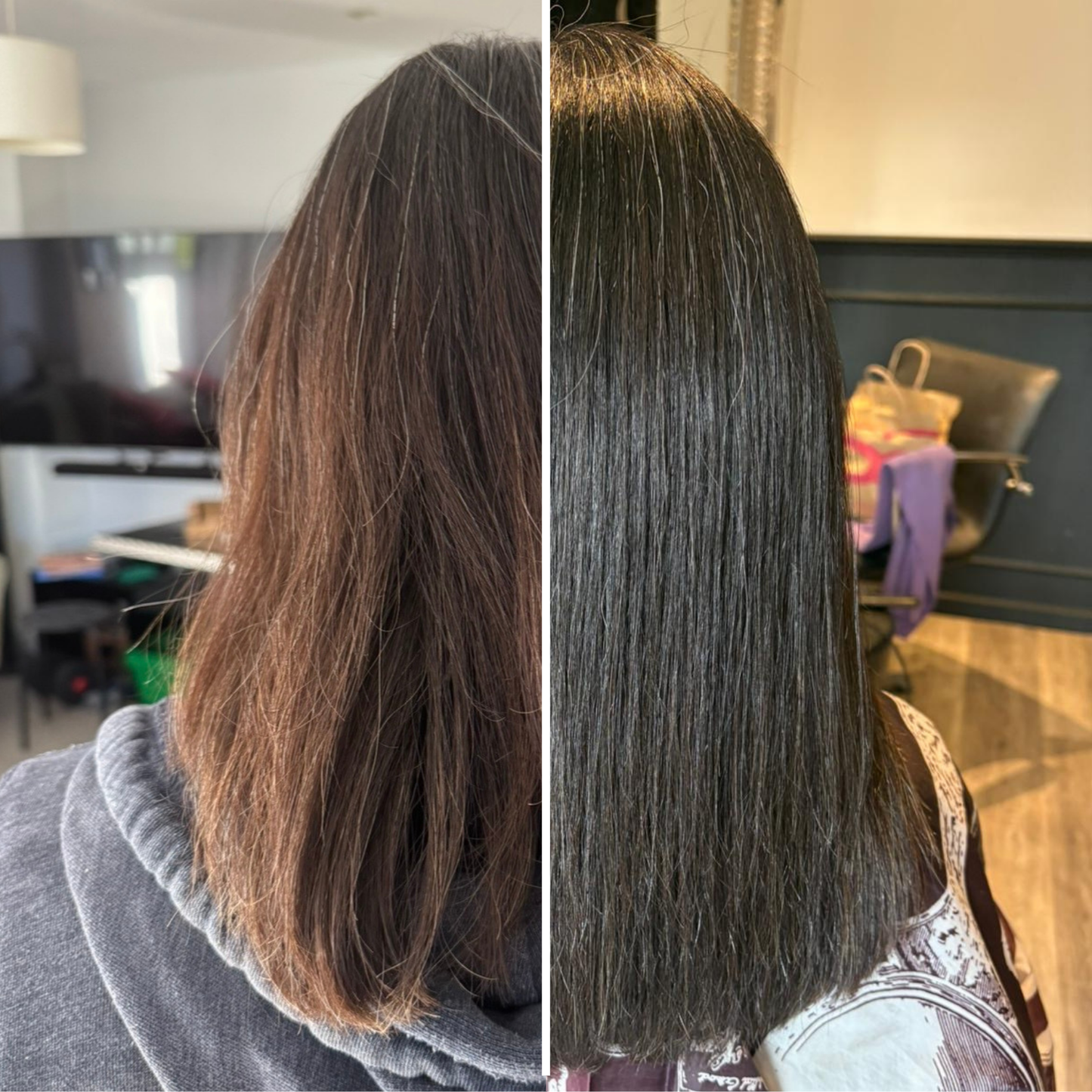 Before and after comparison of hair change in a home setting.